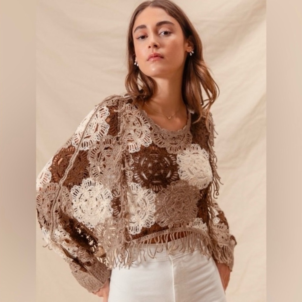 NWT So Me, Boutique Brand Brown Multi Flower Crochet Sweater - Picture 3 of 9